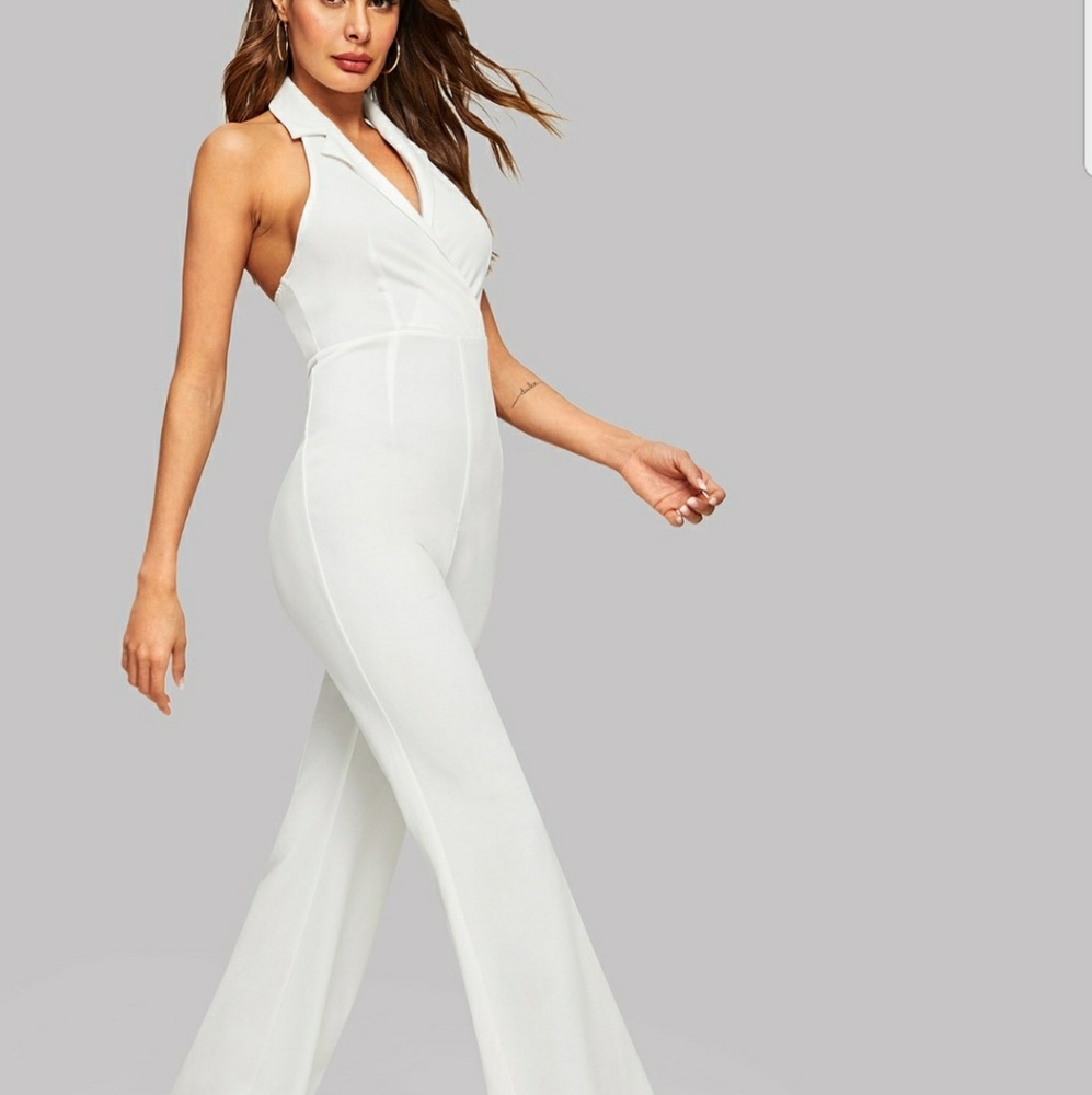 Open back white flare leg blazer jumpsuit formal